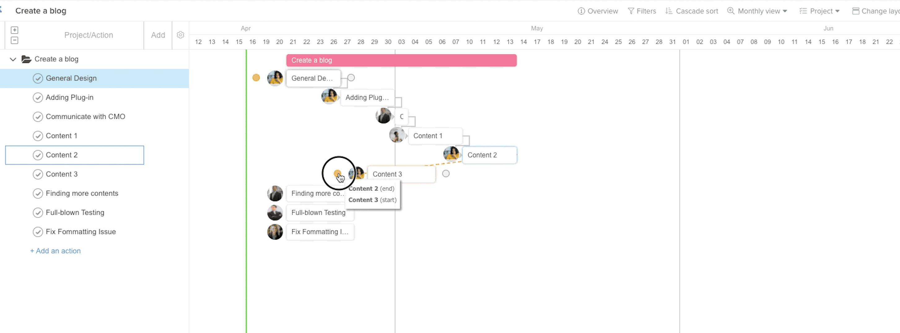 Screenshot of creating task dependencies in Hive for a project